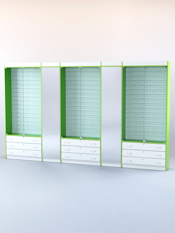 Комплект витрин и шкафов-накопителей с зеркалом №3 Белый и Лайм