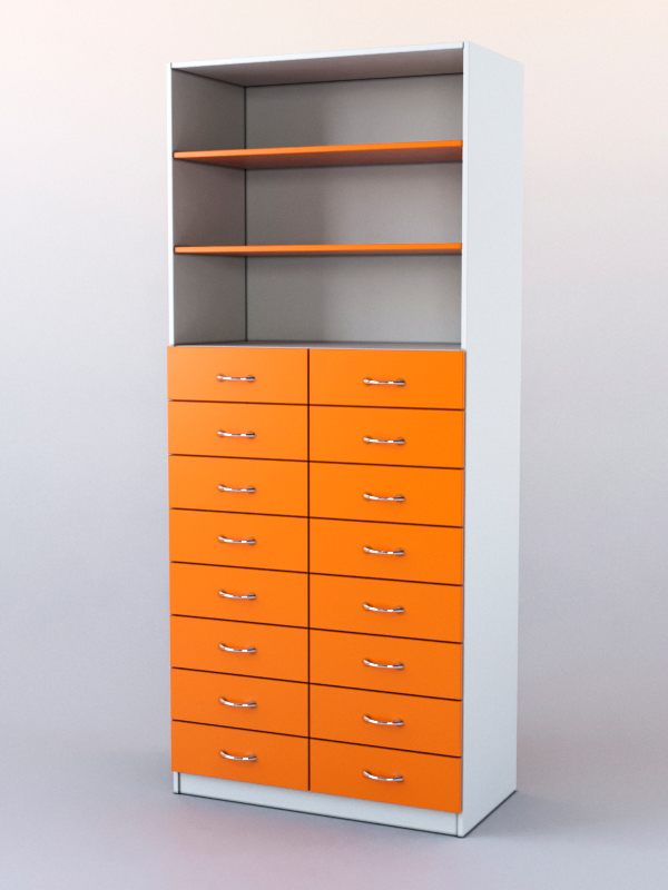 Шкаф для аптек №7 с 16-ю ящиками задняя стенка ДВП Белый + Оранжевый