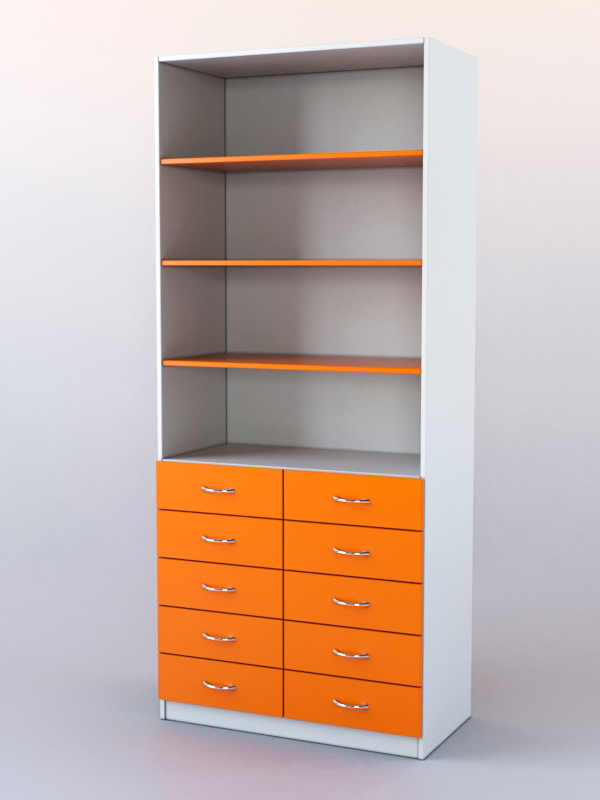 Шкаф для аптек №6 с 10-ю ящиками задняя стенка ДВП. Белый + Оранжевый