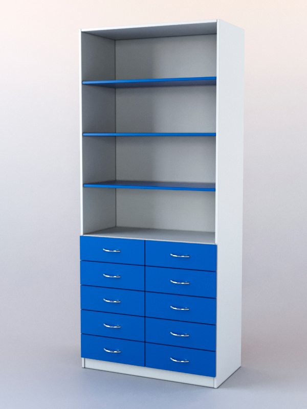 Шкаф для аптек №6 с 10-ю ящиками задняя стенка ДВП. Белый + Делфт голубой