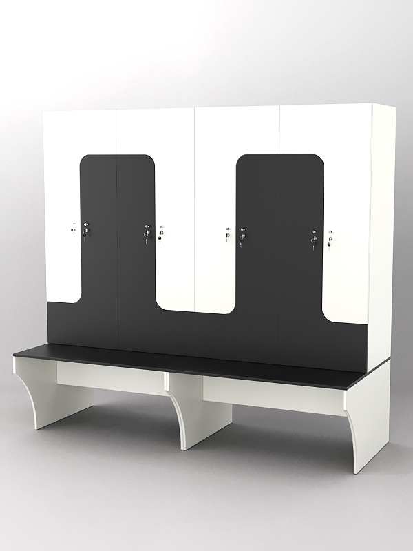 Комплект шкафов для раздевалок со скамейкой "ТРЕНЕР" №2 Белый и Черный