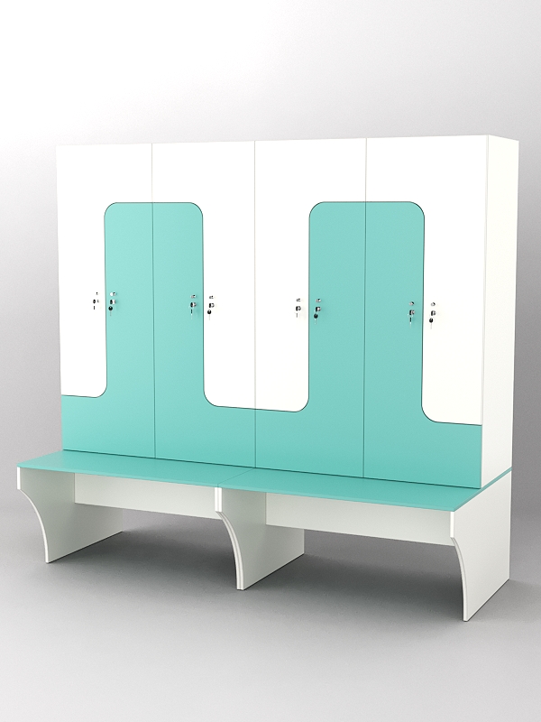Комплект шкафов для раздевалок со скамейкой "ТРЕНЕР" №2 Белый и Тиффани Аква