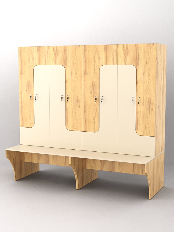 Комплект шкафов для раздевалок со скамейкой "ТРЕНЕР" №2 Дуб Золотистый и Крем Вайс U1148-U2236