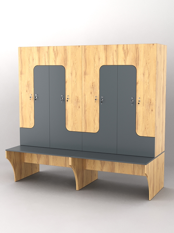 Комплект шкафов для раздевалок со скамейкой "ТРЕНЕР" №2 Дуб Золотистый и Темно-Серый