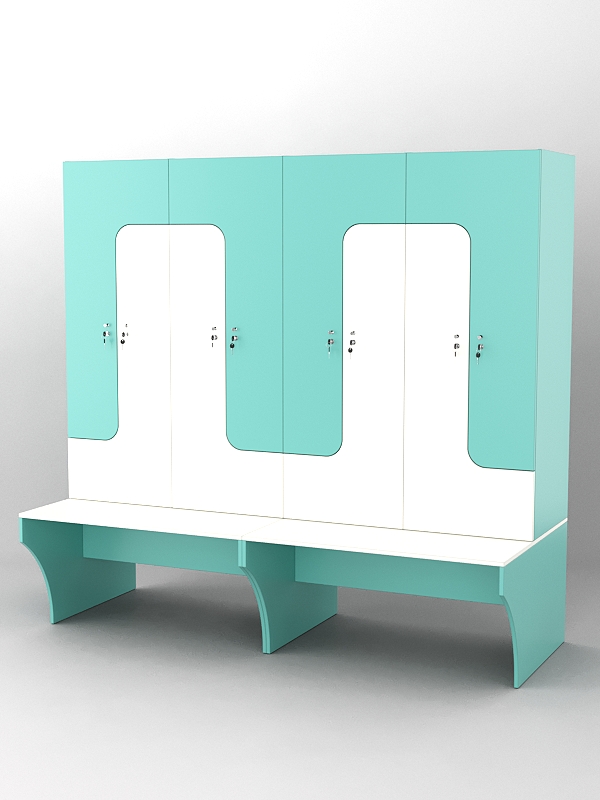 Комплект шкафов для раздевалок со скамейкой "ТРЕНЕР" №2 Тиффани Аква и Белый