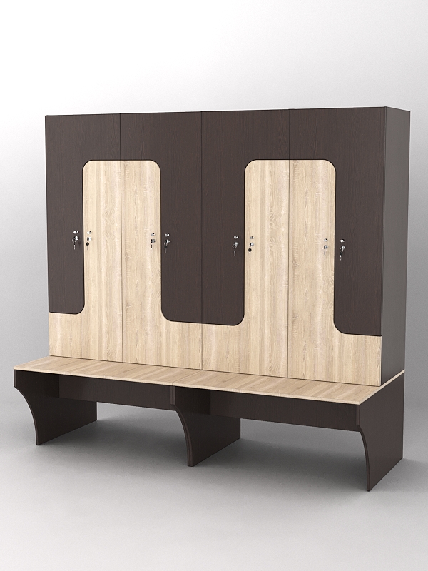 Комплект шкафов для раздевалок со скамейкой "ТРЕНЕР" №2 Дуб Венге и Дуб Сонома