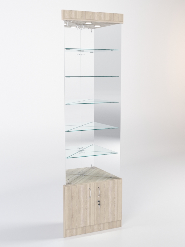 Витрина стеклянная "ИСТРА" угловая №603-У трехгранная (без дверок, бока - зеркало) Дуб Сонома