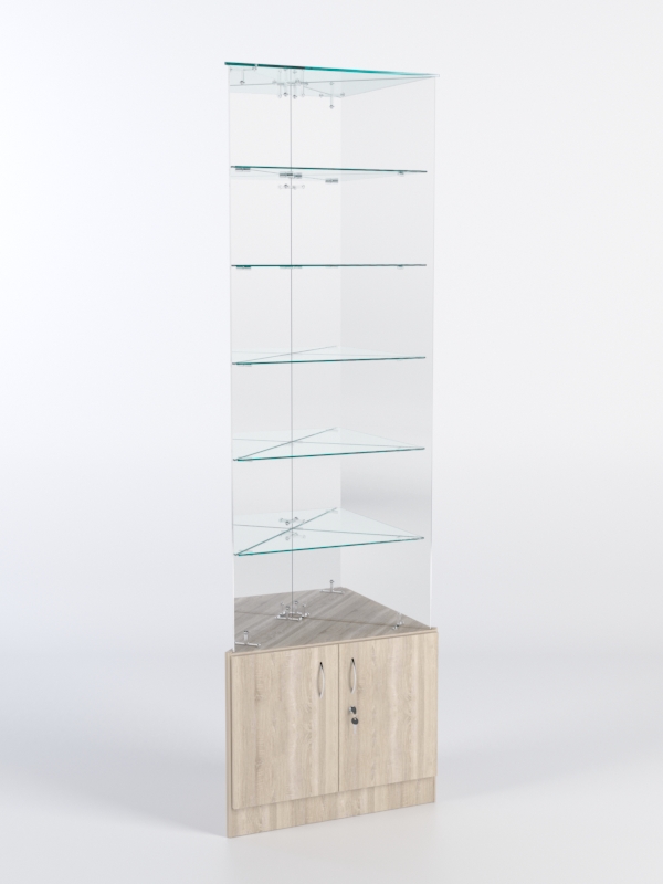 Витрина стеклянная "ИСТРА" угловая №607-У трехгранная (без дверок, бока - зеркало) Дуб Сонома