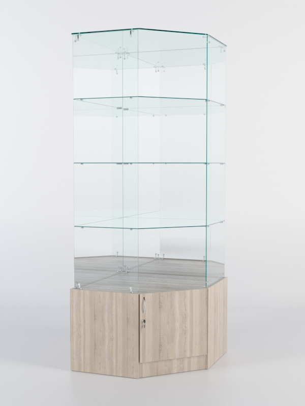 Витрина стеклянная "ИСТРА" угловая №116 пятигранная (без дверки, задние стенки - зеркало) Дуб Сонома