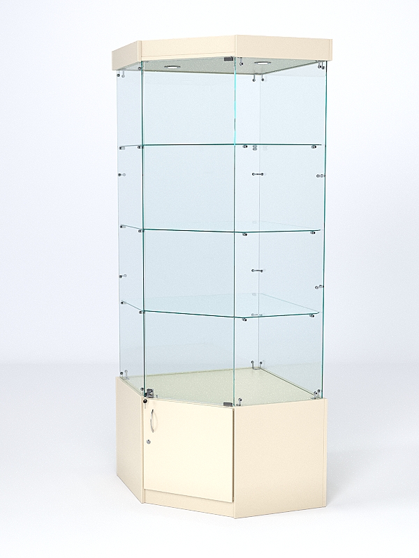Витрина стеклянная "ИСТРА" угловая №13 пятигранная (с дверкой, задние стенки - стекло) Крем Вайс