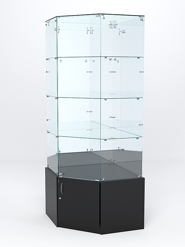 Витрина стеклянная "ИСТРА" угловая №16 пятигранная (с дверкой, задние стенки - зеркало) Черный