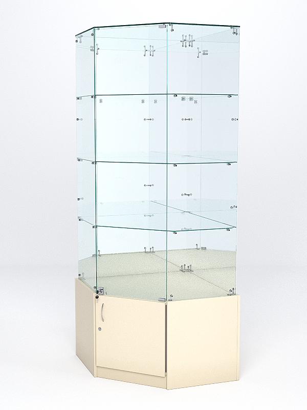 Витрина стеклянная "ИСТРА" угловая №16 пятигранная (с дверкой, задние стенки - зеркало) Крем Вайс