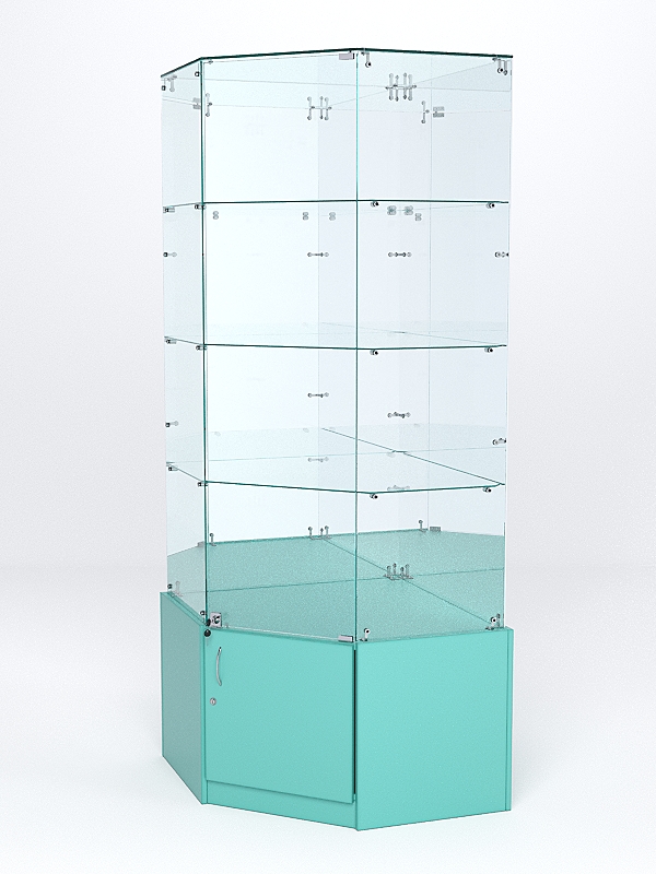Витрина стеклянная "ИСТРА" угловая №16 пятигранная (с дверкой, задние стенки - зеркало) Тиффани Аква
