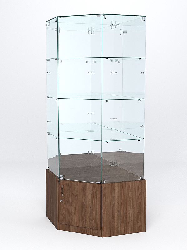 Витрина стеклянная "ИСТРА" угловая №16 пятигранная (с дверкой, задние стенки - зеркало) Орех