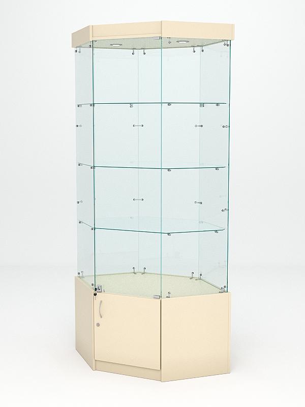 Витрина стеклянная "ИСТРА" угловая №17 шестигранная (с дверкой, задние стенки - стекло) Крем Вайс