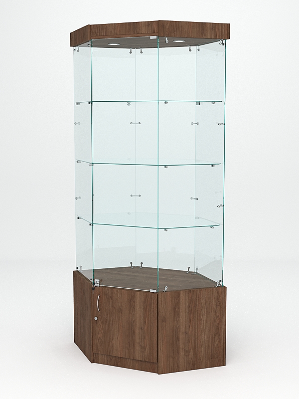 Витрина стеклянная "ИСТРА" угловая №17 шестигранная (с дверкой, задние стенки - стекло) Орех
