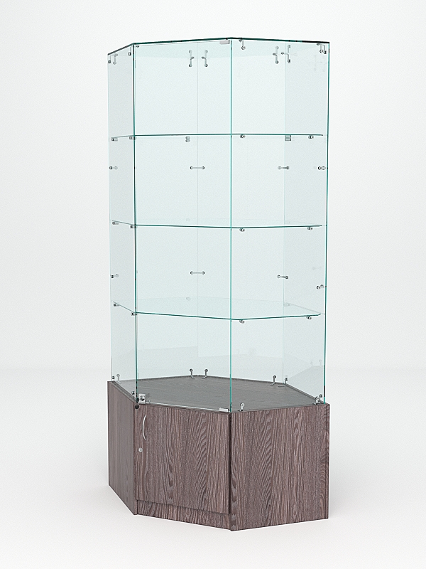 Витрина стеклянная "ИСТРА" угловая №18 шестигранная (с дверкой, задние стенки - стекло) Ясень Анкор