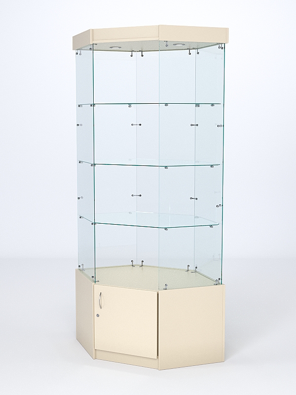 Витрина стеклянная "ИСТРА" угловая №117 шестигранная (без дверки, задние стенки - стекло) Крем Вайс