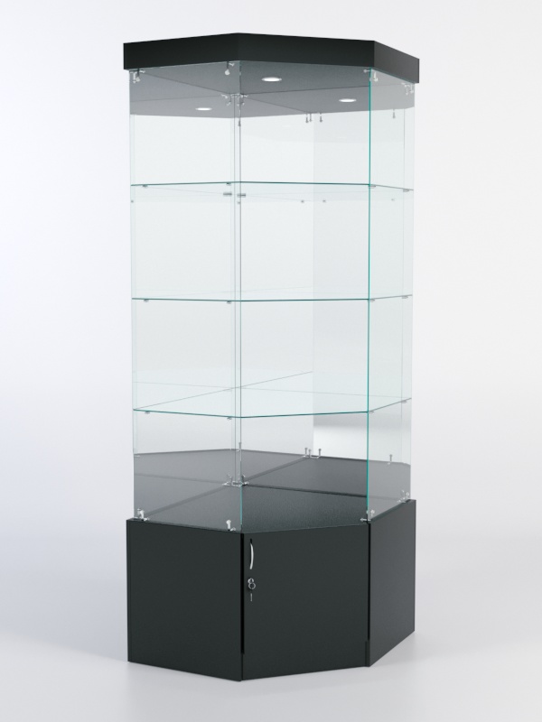 Витрина стеклянная "ИСТРА" угловая №114 пятигранная (без дверки, задние стенки - зеркало) Черный