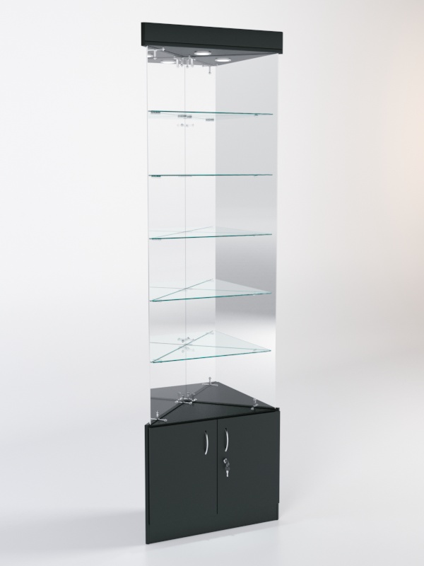 Витрина стеклянная "ИСТРА" угловая №603-У трехгранная (без дверок, бока - зеркало) Черный