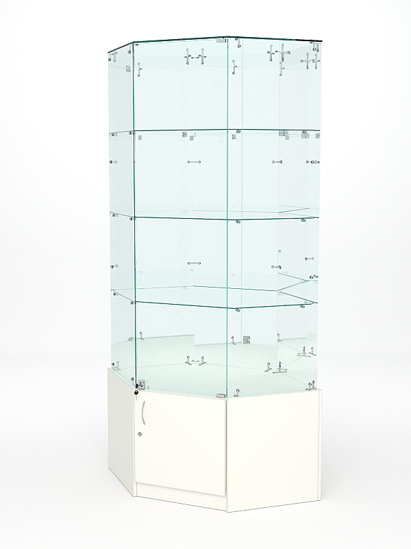 Витрина стеклянная "ИСТРА" угловая №20 шестигранная (с дверкой, задние стенки - зеркало) Белый