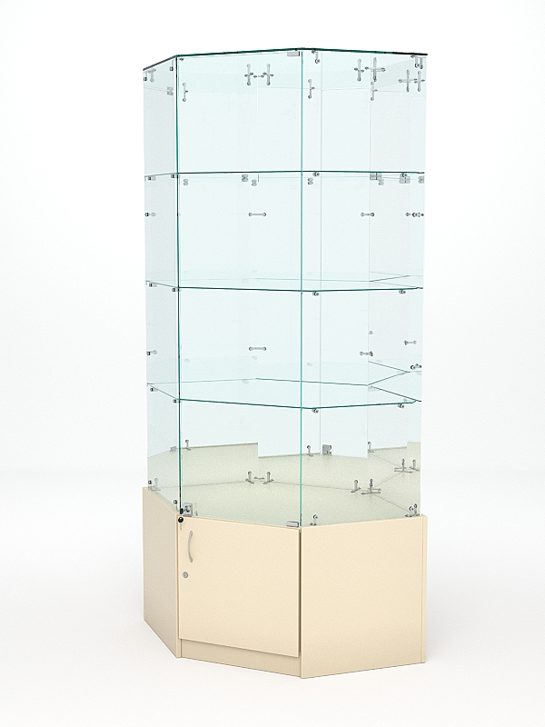 Витрина стеклянная "ИСТРА" угловая №20 шестигранная (с дверкой, задние стенки - зеркало) Крем Вайс