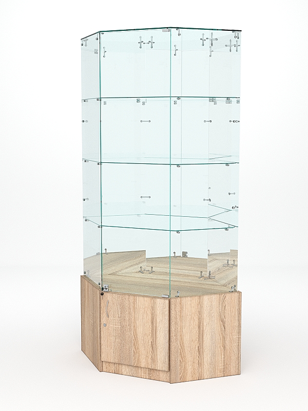 Витрина стеклянная "ИСТРА" угловая №20 шестигранная (с дверкой, задние стенки - зеркало) Дуб Сонома