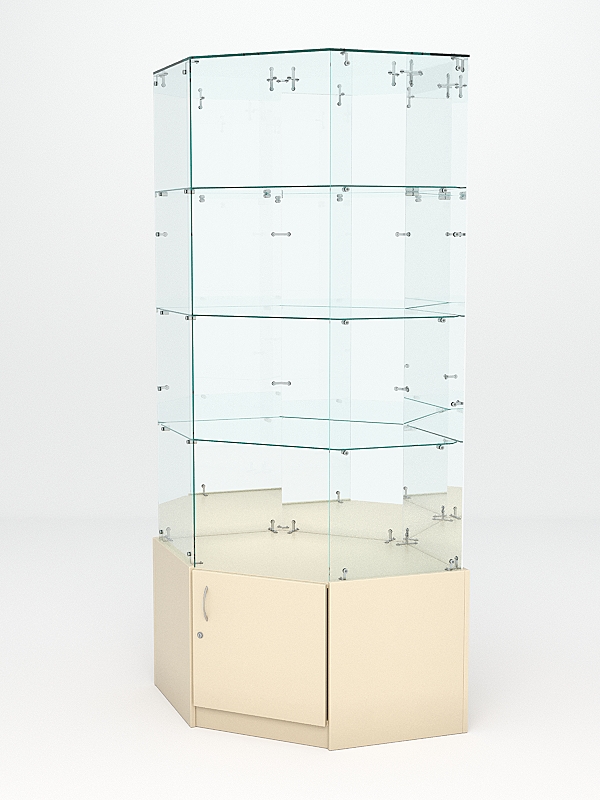 Витрина стеклянная "ИСТРА" угловая №120 шестигранная (без дверки задние стенки - зеркало) Крем Вайс