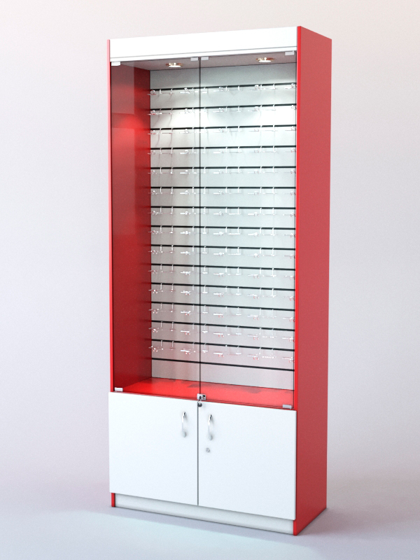 Витрина для очков №3 с дверками (задняя стенка - Э/П)  Красный + Белый