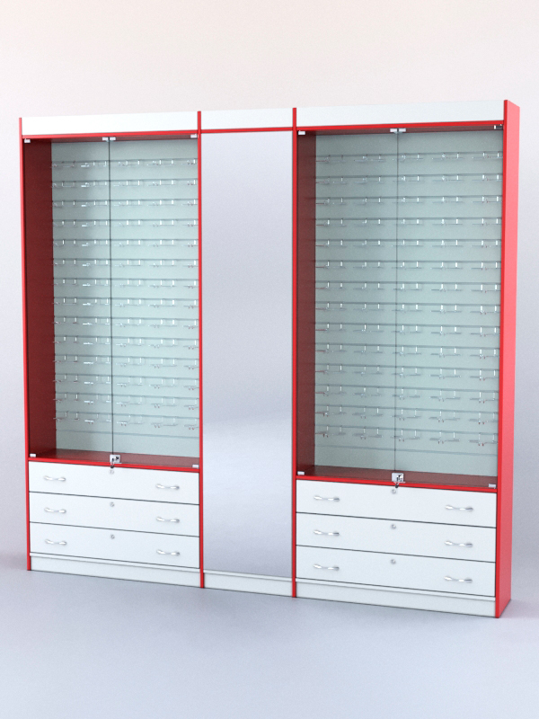 Комплект витрин и шкафов-накопителей с зеркалом №2 Белый + Красный