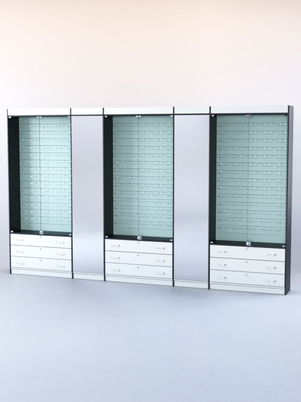 Комплект витрин и шкафов-накопителей с зеркалом №3 Белый и Черный