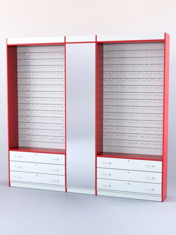Комплект витрин и шкафов-накопителей с зеркалом №4 Белый + Красный