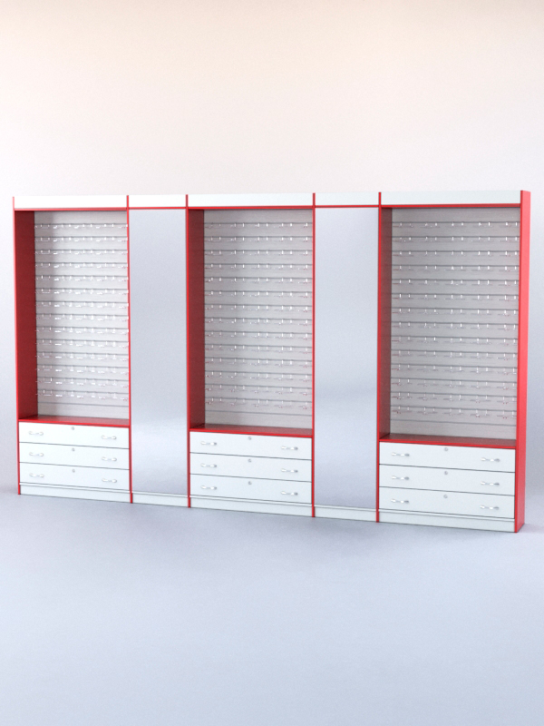 Комплект витрин и шкафов-накопителей с зеркалом №1 Белый + Красный