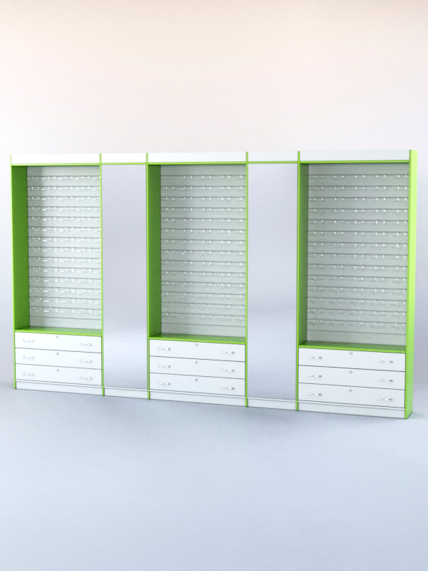 Комплект витрин и шкафов-накопителей с зеркалом №1 Белый и Лайм