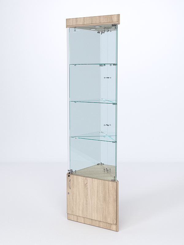 Витрина стеклянная "ИСТРА" угловая №3-У трехгранная (с дверками, бока - зеркало) Дуб Сонома
