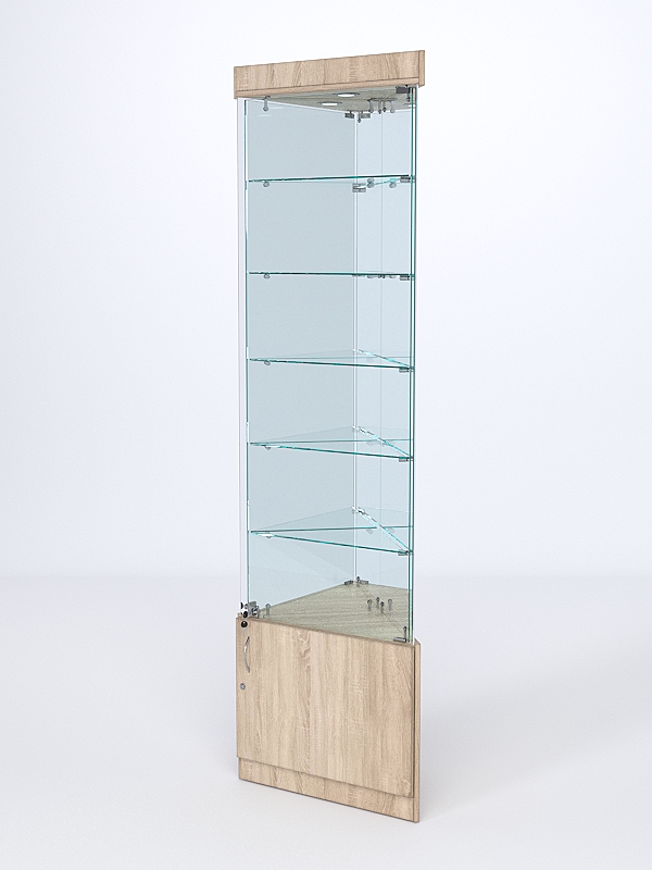 Витрина стеклянная "ИСТРА" угловая №503-У трехгранная (с дверками, бока - зеркало) Дуб Сонома