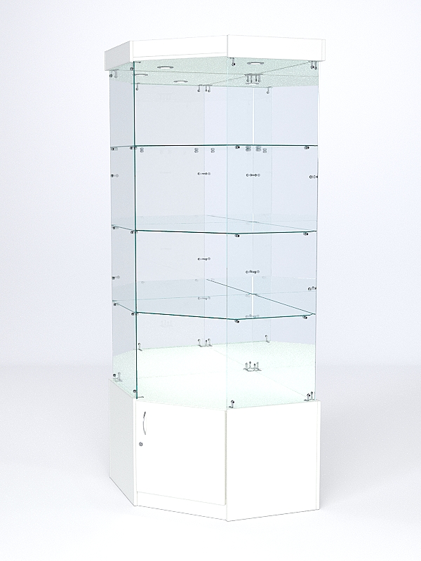 Витрина стеклянная "ИСТРА" угловая №114 пятигранная (без дверки, задние стенки - зеркало) Белый