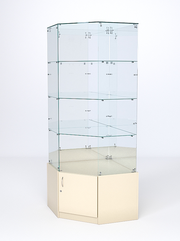 Витрина стеклянная "ИСТРА" угловая №116 пятигранная (без дверки, задние стенки - зеркало) Крем Вайс